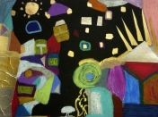 Avec un fond noir, motifs colorés pour une peinture d'un enfant du cours de peinture Entretoile